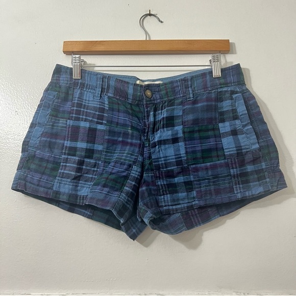 Old Navy 6 Blue Green Plaid Patchwork Y2K 90s Low Rise Preppy 100% Cotton Shorts - Picture 1 of 8